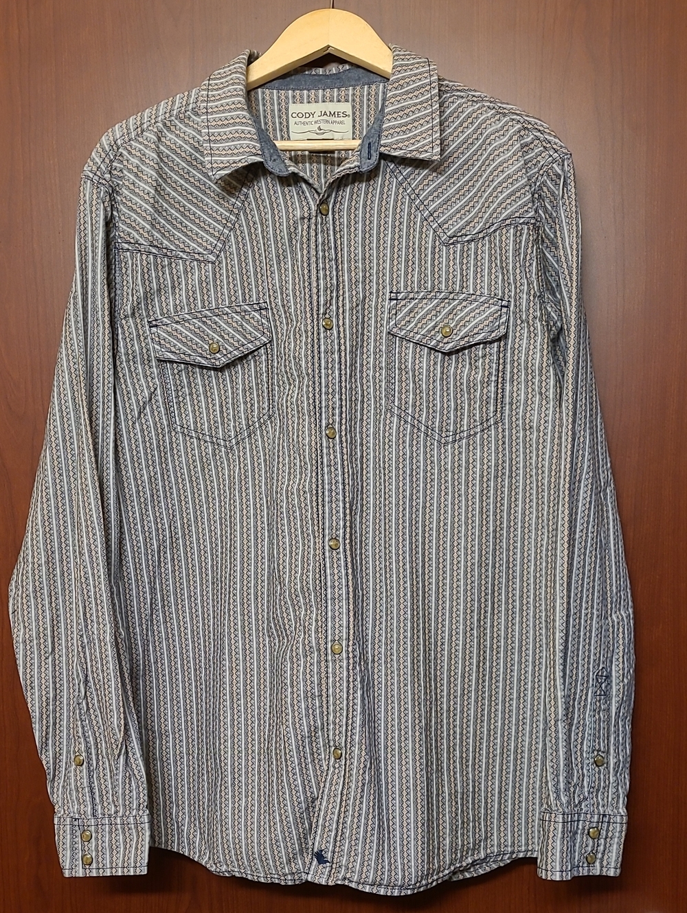 Men’s Cody James Authentic Western Long-Sleeve Striped Geometric Shirt Gray/Blue